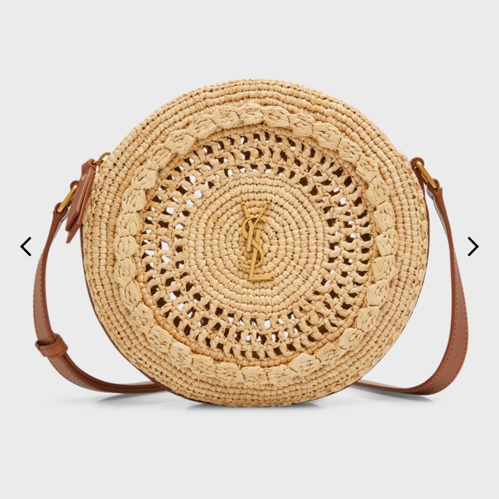 Yves Saint Laurent Round Woven Raffia Crossbody in Natural and Brown
